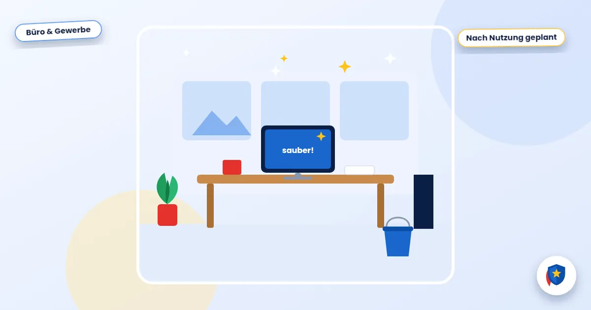Illustration eines gereinigten Büros mit Schreibtisch und Reinigungswagen