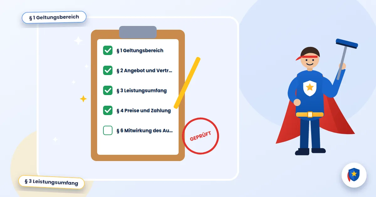 AGB: Illustration einer abgehakten Reinigungs-Checkliste mit Prüfstempel