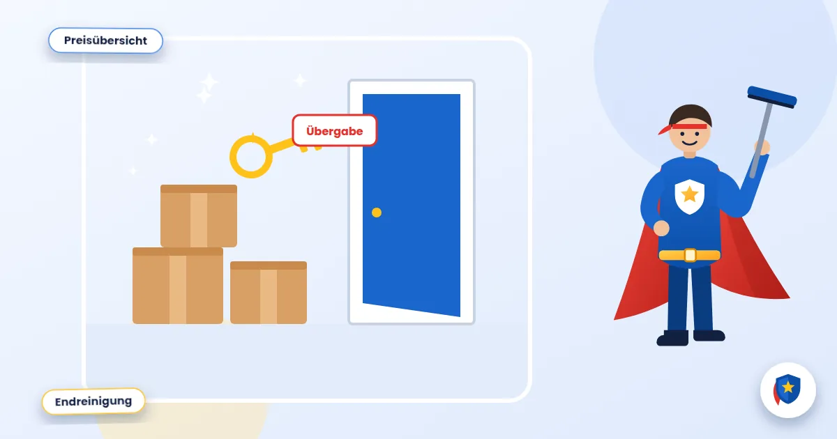 Endreinigung: Illustration einer Wohnungsübergabe mit Umzugskartons und Schlüssel