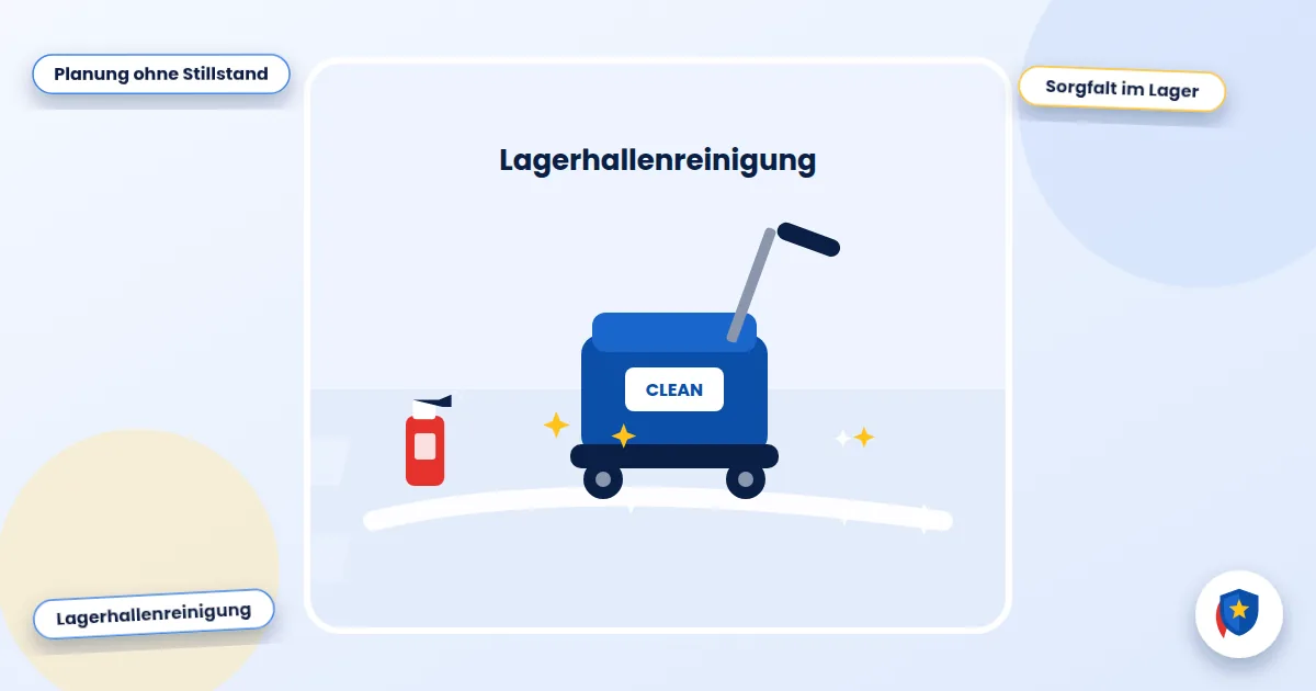 Lagerhallenreinigung: Illustration einer Scheuersaugmaschine auf glänzendem Boden