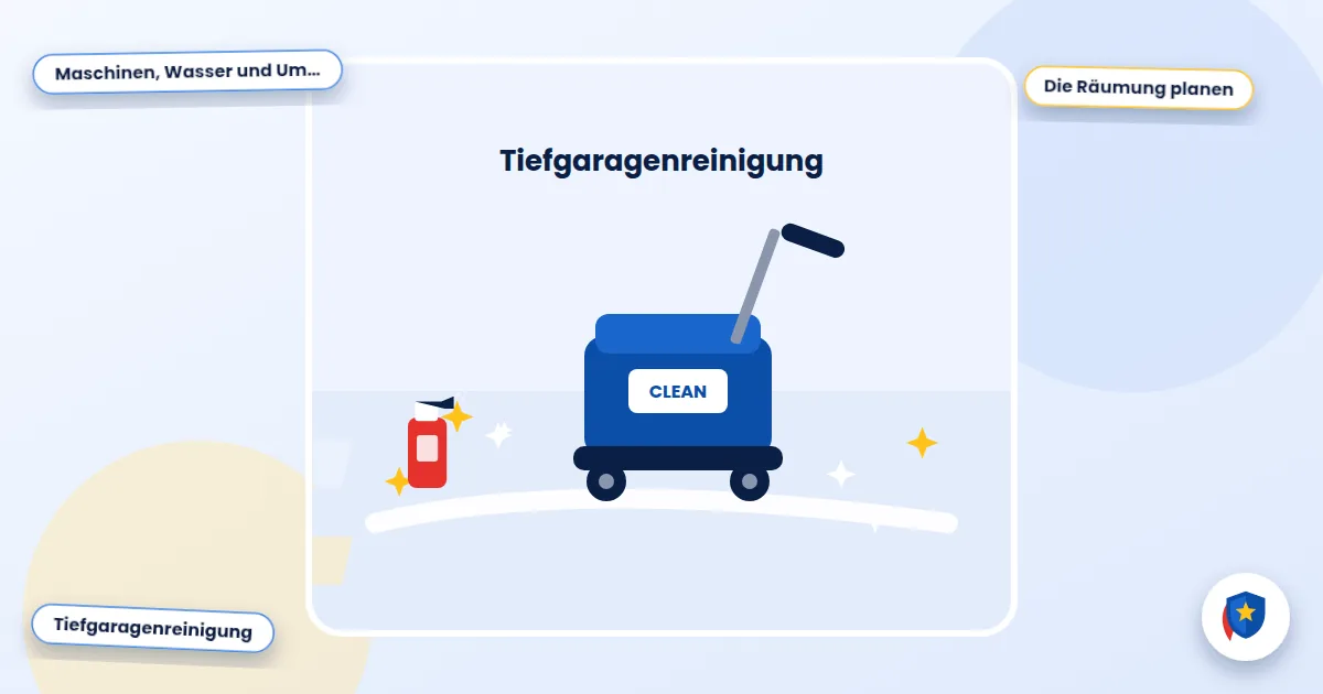 Tiefgaragenreinigung: Illustration einer Scheuersaugmaschine auf glänzendem Boden