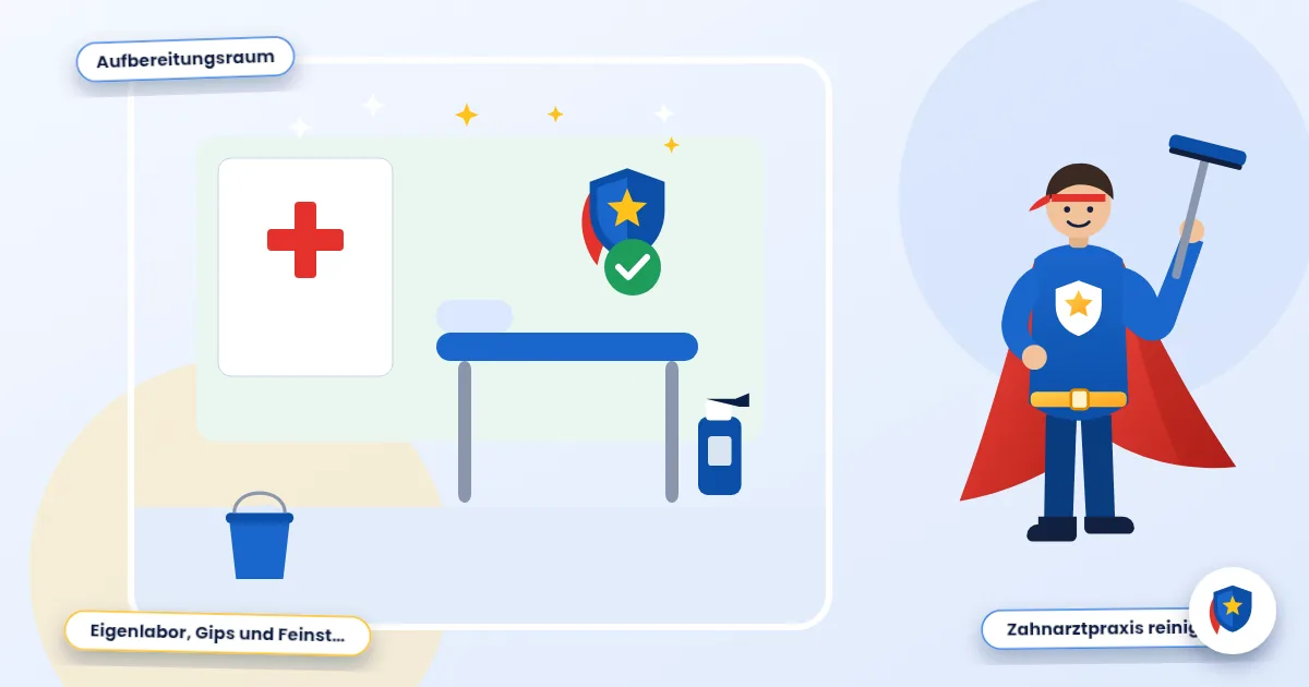 Zahnarztpraxis-Reinigung: Illustration eines hygienisch gereinigten Behandlungsraums mit Desinfektionsmittel