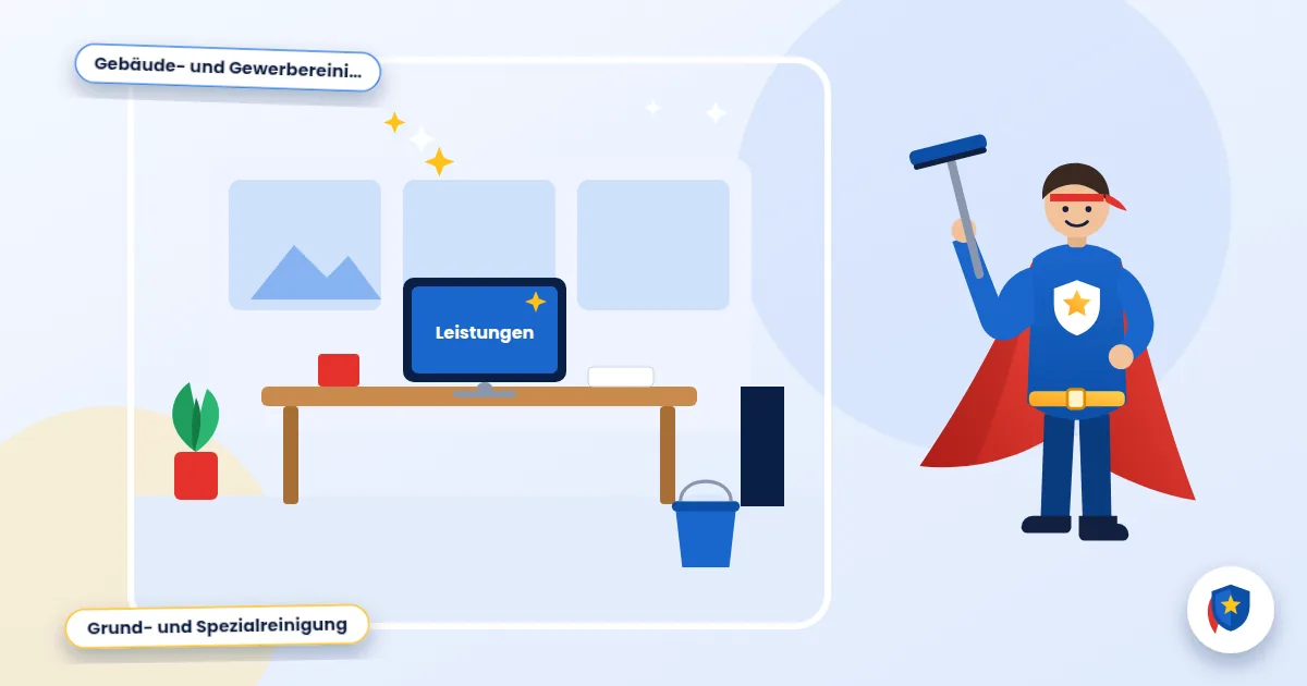 Leistungen: Illustration eines sauberen Büroarbeitsplatzes mit Schreibtisch, Bildschirm und Reinigungseimer