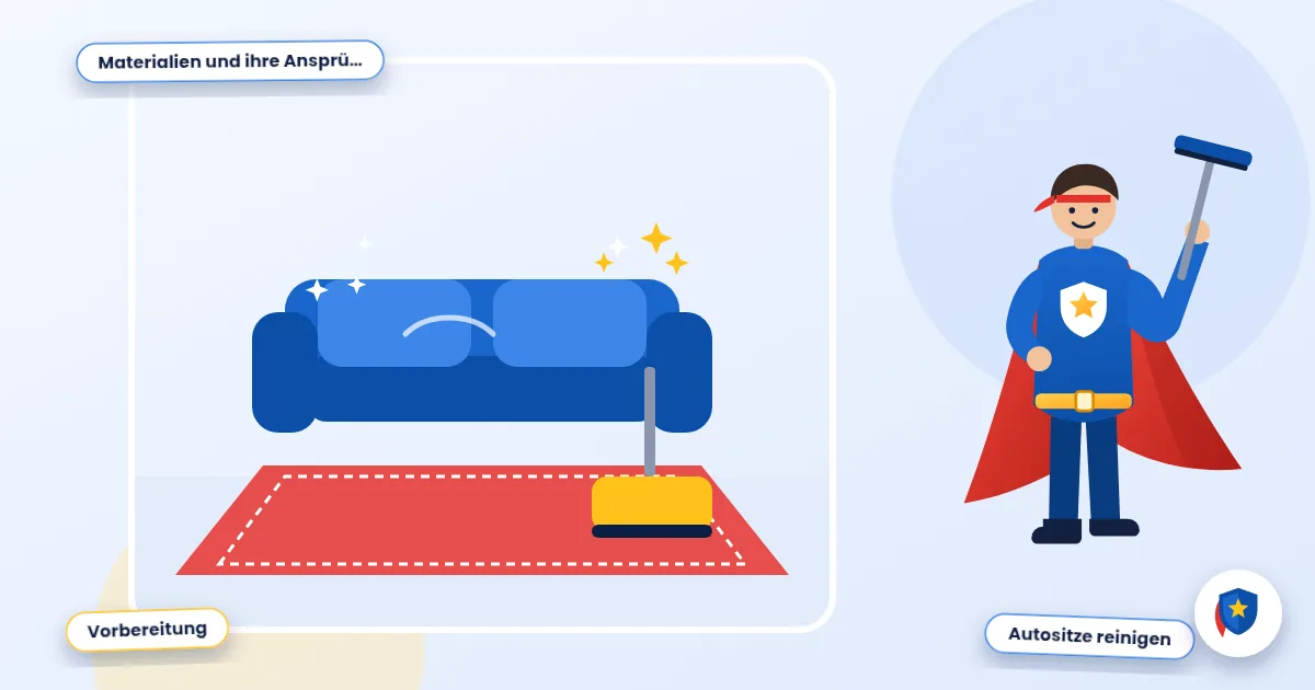 Sitze und Innenraum im Auto: Illustration einer Polster- und Teppichreinigung