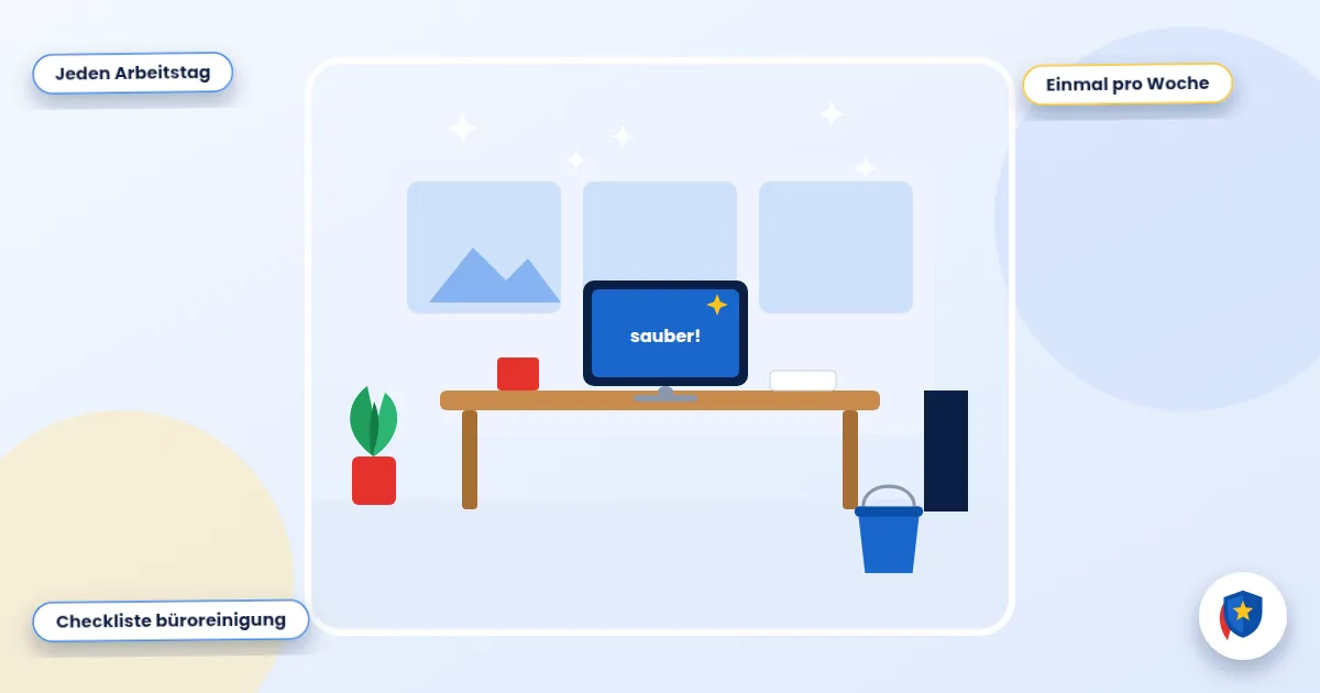 Checkliste Büroreinigung: Illustration eines sauberen Büroarbeitsplatzes mit Schreibtisch, Bildschirm und Reinigungseimer