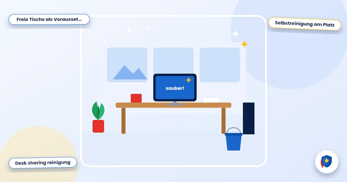 Reinigung im Desk-Sharing: Illustration eines sauberen Büroarbeitsplatzes mit Schreibtisch, Bildschirm und Reinigungseimer
