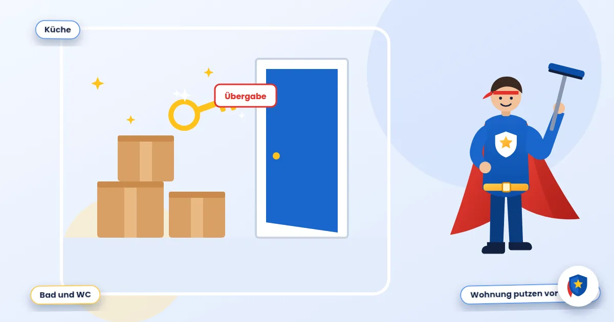 Checkliste Auszugsreinigung: Illustration einer Wohnungsübergabe mit Umzugskartons und Schlüssel
