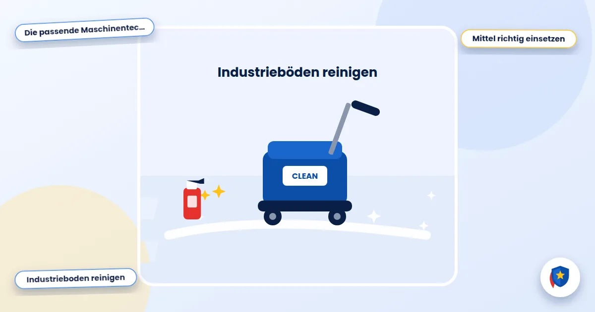 Industrieböden reinigen: Illustration einer Scheuersaugmaschine auf glänzendem Boden