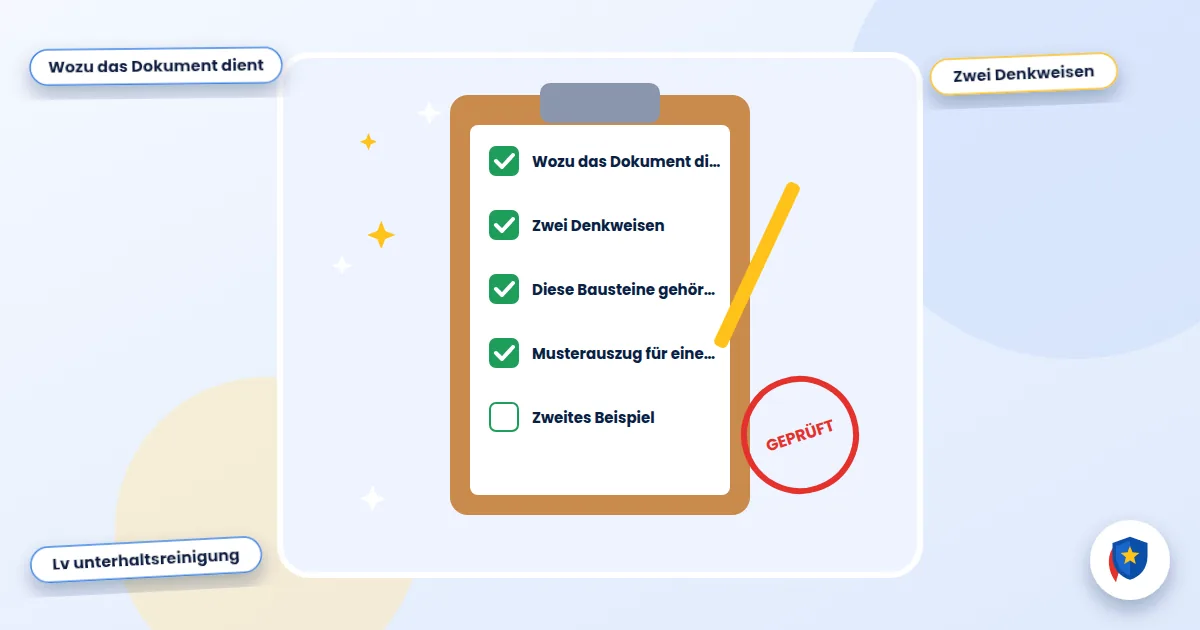 Leistungsverzeichnis Reinigung: Illustration einer abgehakten Reinigungs-Checkliste mit Prüfstempel