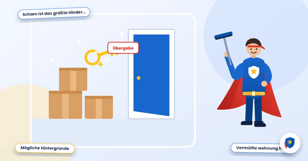 Hilfe bei vermüllter Wohnung: Illustration einer Wohnungsübergabe mit Umzugskartons und Schlüssel