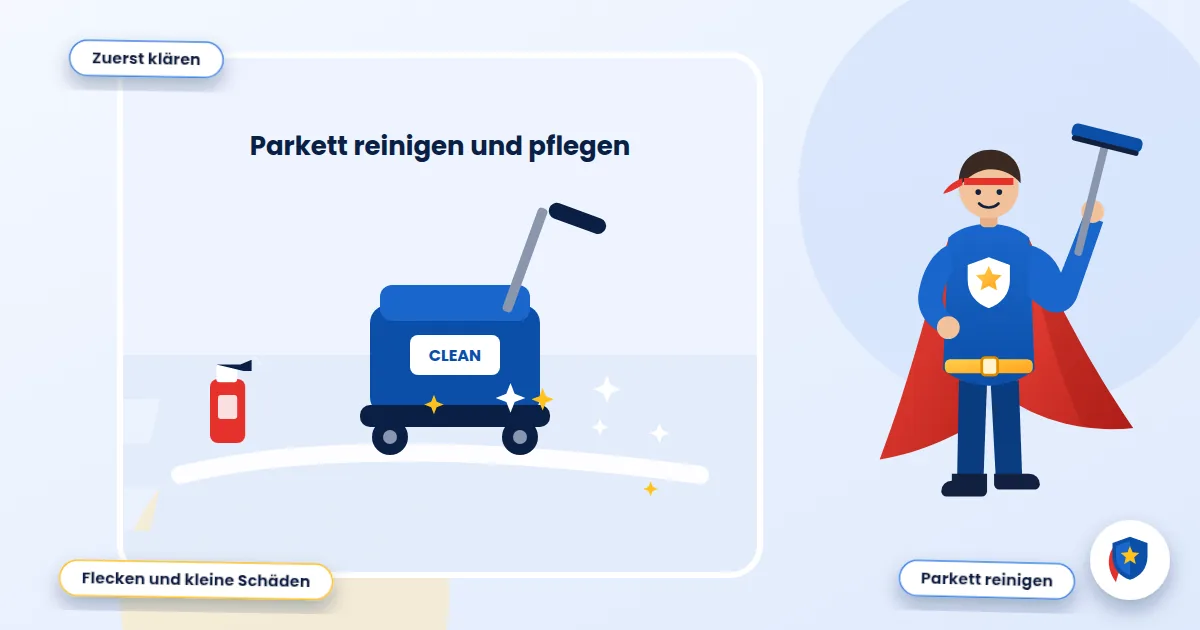 Parkett reinigen und pflegen: Illustration einer Scheuersaugmaschine auf glänzendem Boden