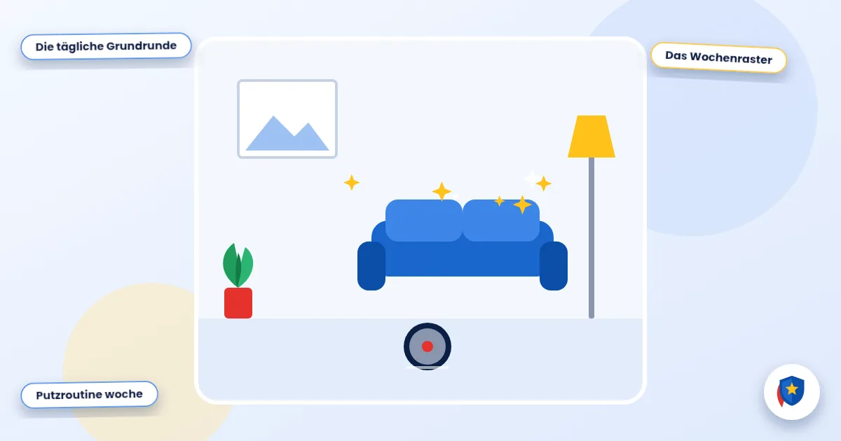 Putzroutine für die Woche: Illustration eines aufgeräumten, sauberen Wohnzimmers