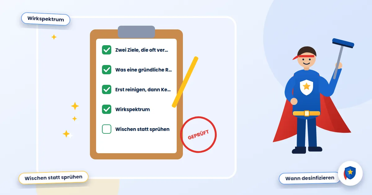 Reinigen oder desinfizieren?: Illustration einer abgehakten Reinigungs-Checkliste mit Prüfstempel