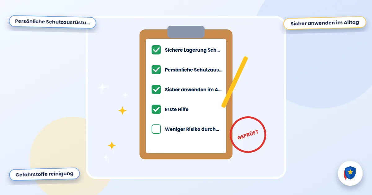 Reinigungschemie sicher nutzen: Illustration einer abgehakten Reinigungs-Checkliste mit Prüfstempel