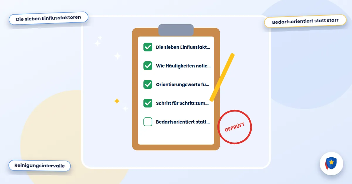 Reinigungsintervalle festlegen: Illustration einer abgehakten Reinigungs-Checkliste mit Prüfstempel