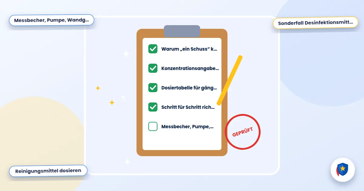 Reinigungsmittel dosieren: Illustration einer abgehakten Reinigungs-Checkliste mit Prüfstempel