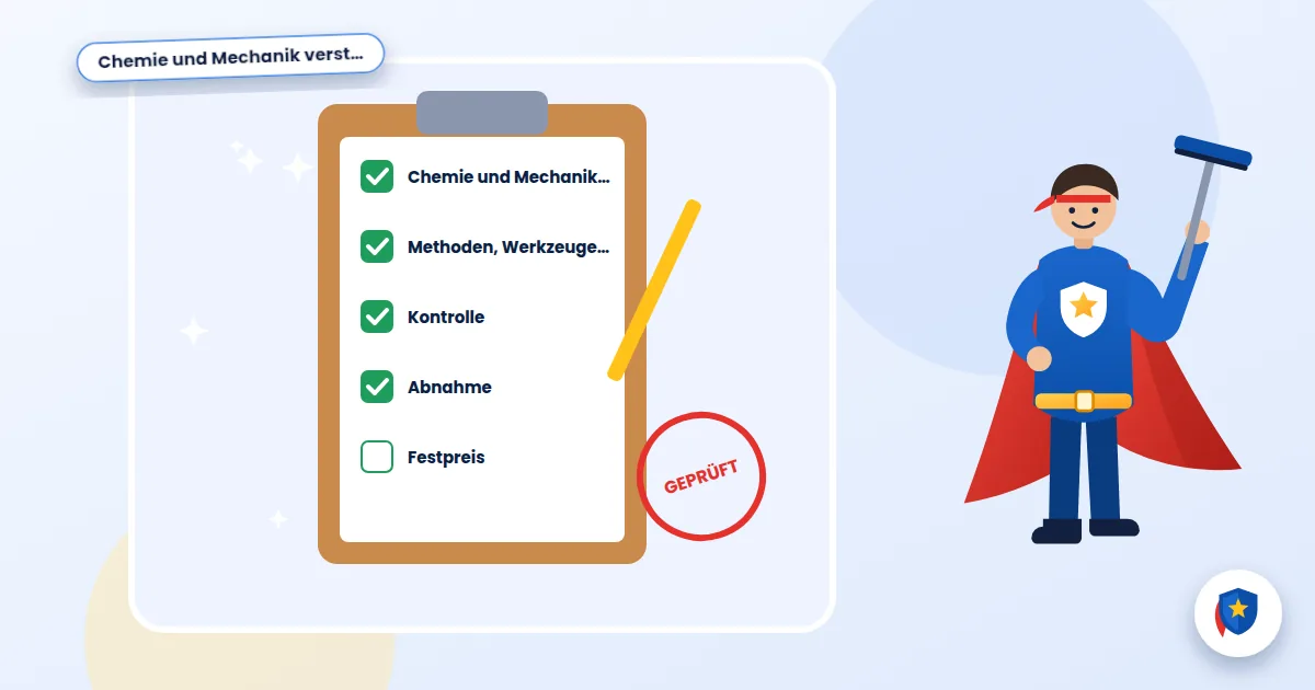 Reinigungswissen: Illustration einer abgehakten Reinigungs-Checkliste mit Prüfstempel
