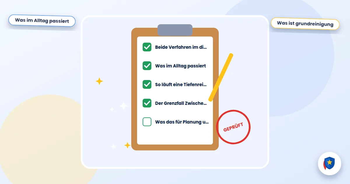 Unterhalts- vs. Grundreinigung: Illustration einer abgehakten Reinigungs-Checkliste mit Prüfstempel